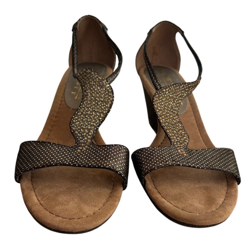 New York Transit Women's Brown Gold Sparkle Bling Elegant Wedge Sandals Size 8.5 - Picture 3 of 9